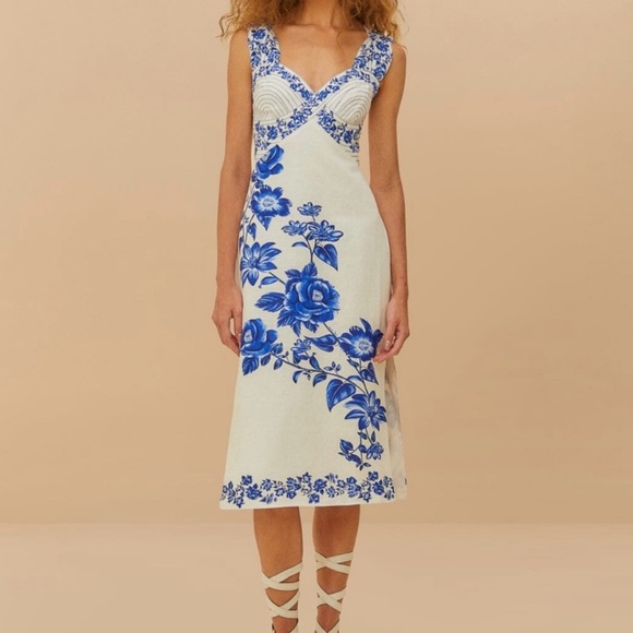 FARM Rio Blue Floral Midi Dress, size large 1519 - Picture 1 of 11